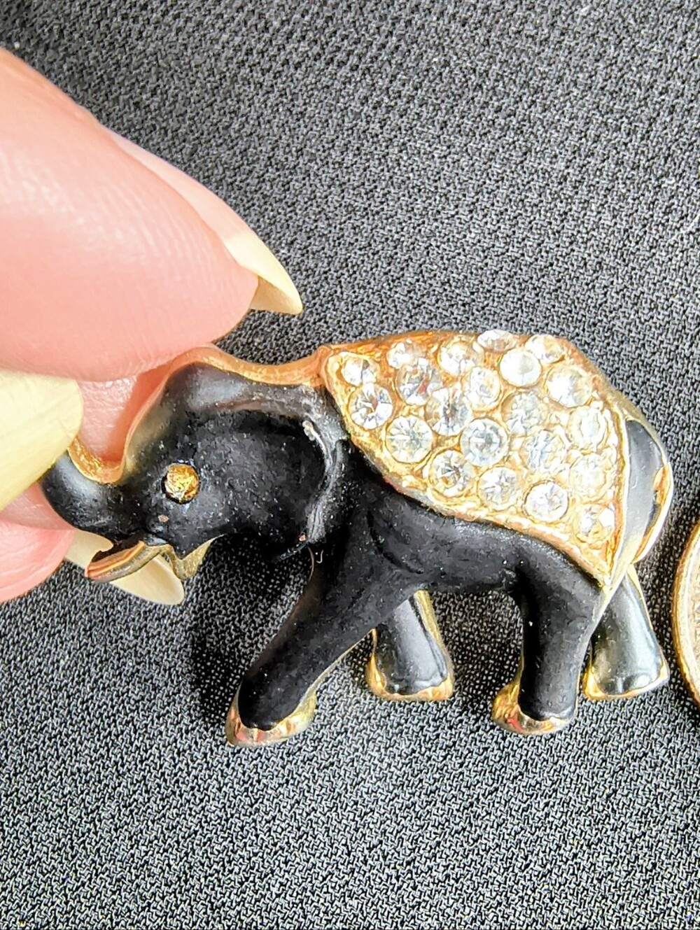 Vintage Black & Gold Elephant Brooch Rhinestone Saddle Lucky Elephant Pin